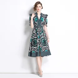 Summer Runway Flare Sleeve Turn Down Collar Single-Breasted A-Line Dress Women Holiday Flower Printing Belt Party Beach Vestidos