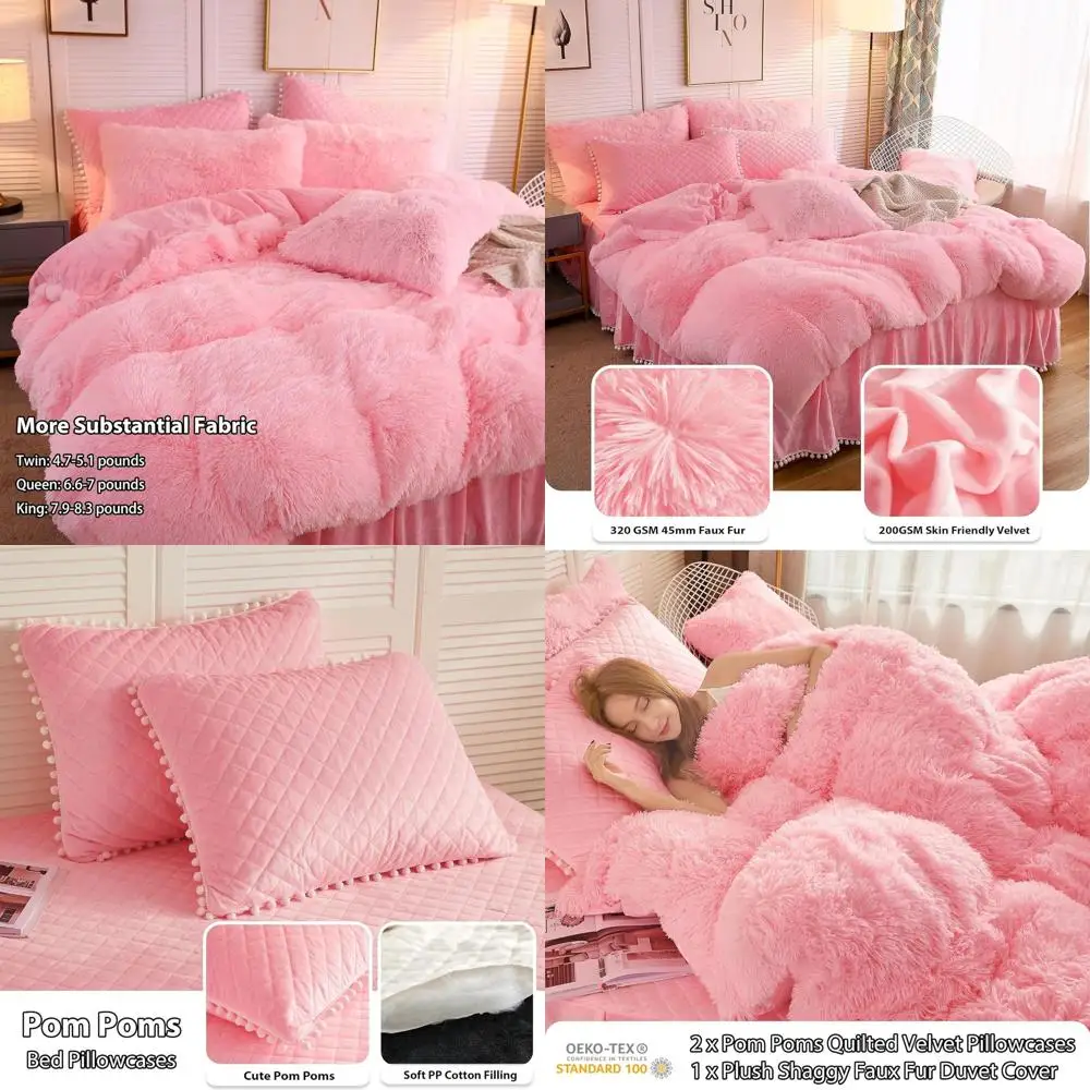 

Plush Velvet Shaggy Duvet Cover Set with Pom Pom Pillowcases, Solid Pink Bedding, Zipper Closure, Full/Queen Size