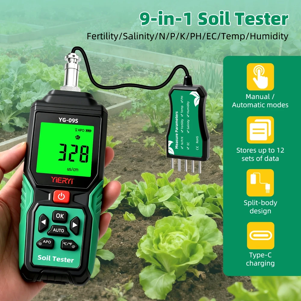 YG-09S Digital Soil Tester LCD Smart NPK Sensor PH EC Temperature Moisture Salinity Fertility Detect Analyzer for Garden Plant