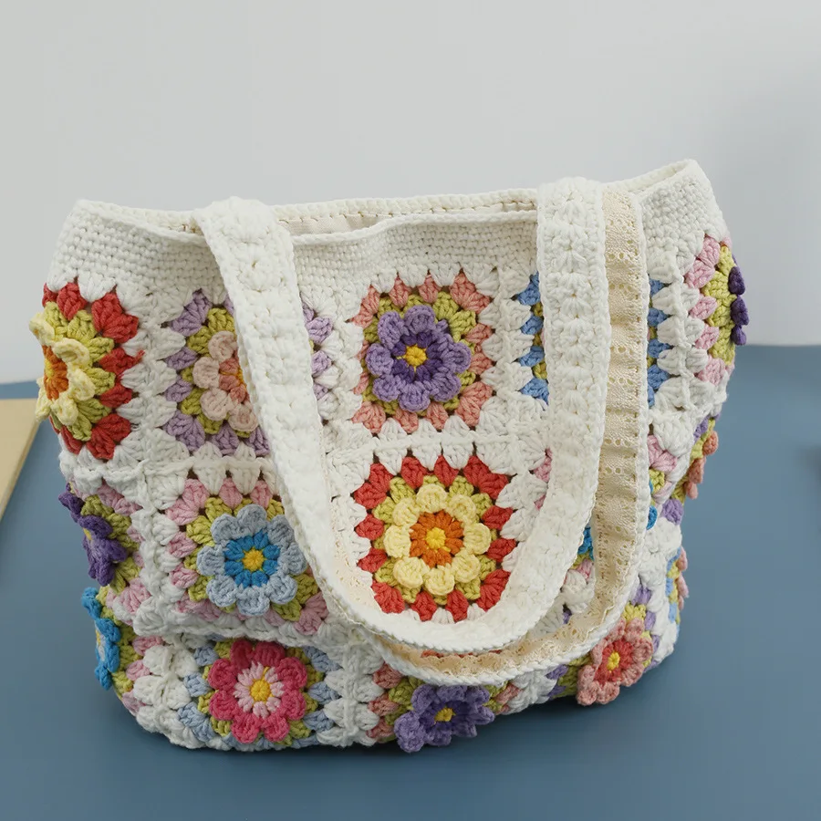 Sweet handmade women's shoulder bag with flower splicing, yarn crochet, women's bag, small and fresh grandmother grid bag