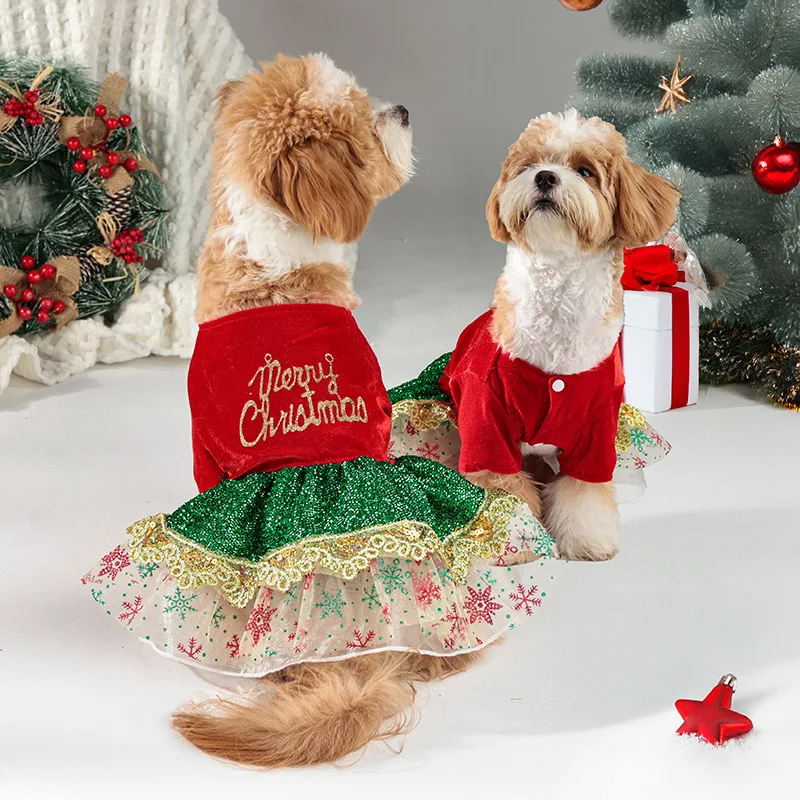 Weihnachts-Hundekleid aus Samt mit Glitzer und Spitze, rot/grünes Winter-Haustier-Outfit für kleine und mittelgroße Hunde, warme Partykleidung S-XL