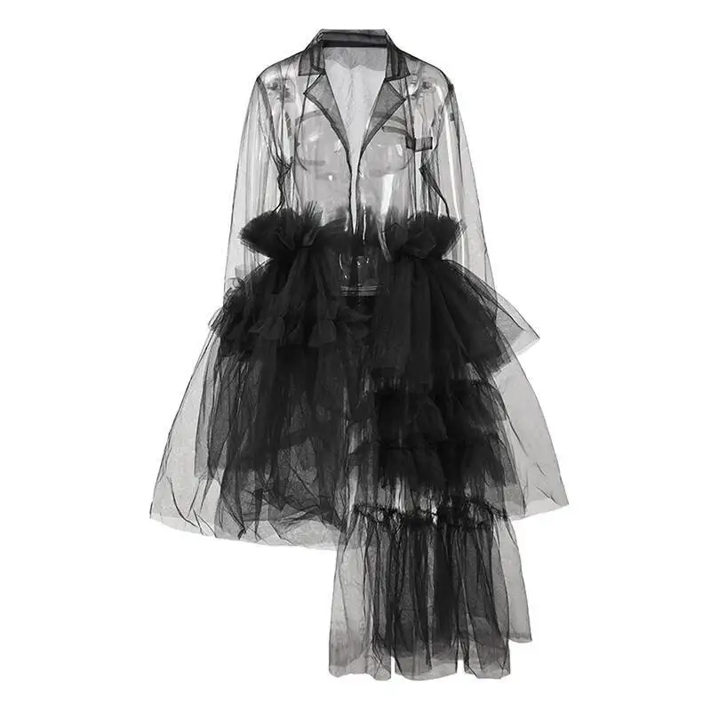 Ruffles Mesh Women Black Perspective Long Blazer New Lapel Long Sleeve Jacket Fashion Spring Summer 2026 CP8IS