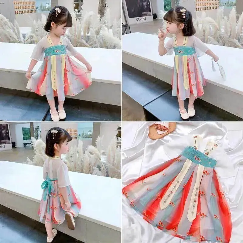 Girls dress Hanfu summer Chinese style children\'s cheongsam new girl princess dress baby summer dress