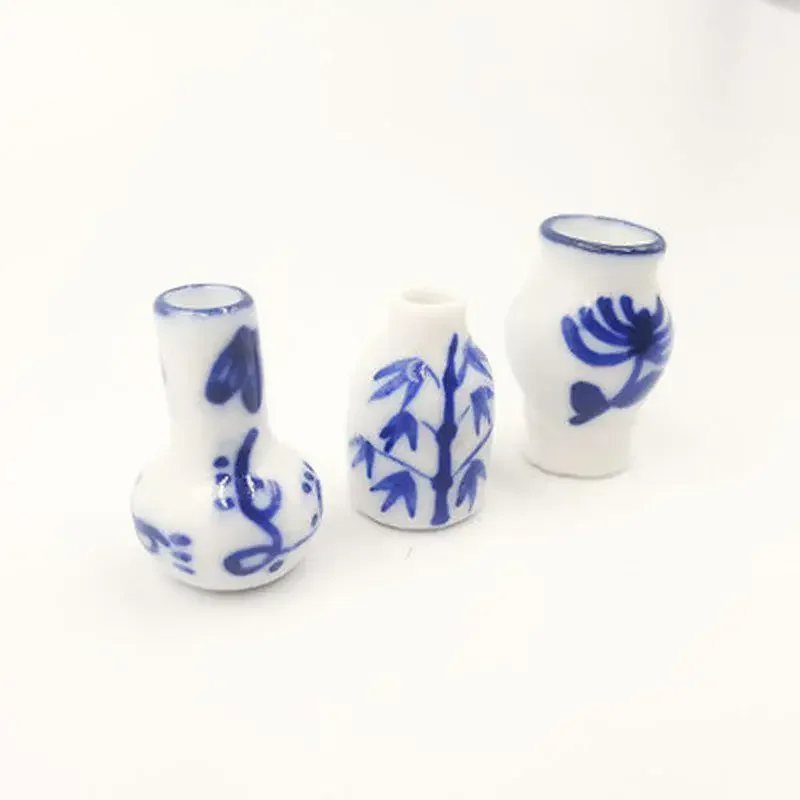 3pcs Mini Blue and White Porcelain Vase DIY Handmade Doll House Kitchen Ceramic Ornament Decora  Dollhouse Miniatures