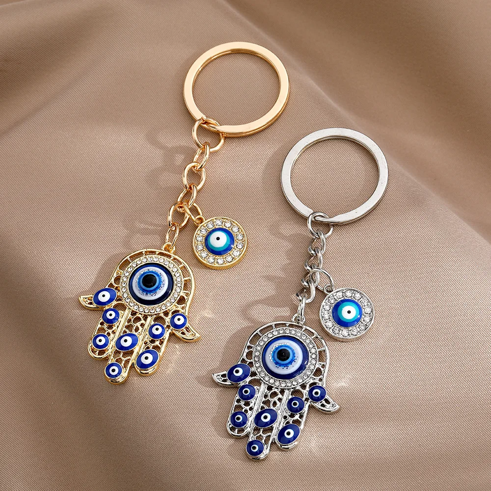 Fashion Lucky Blue Evil Eye Keychain Charm Crystal Fatima Hasma Hand Key Ring Holder Key Bag Charms For Women Men