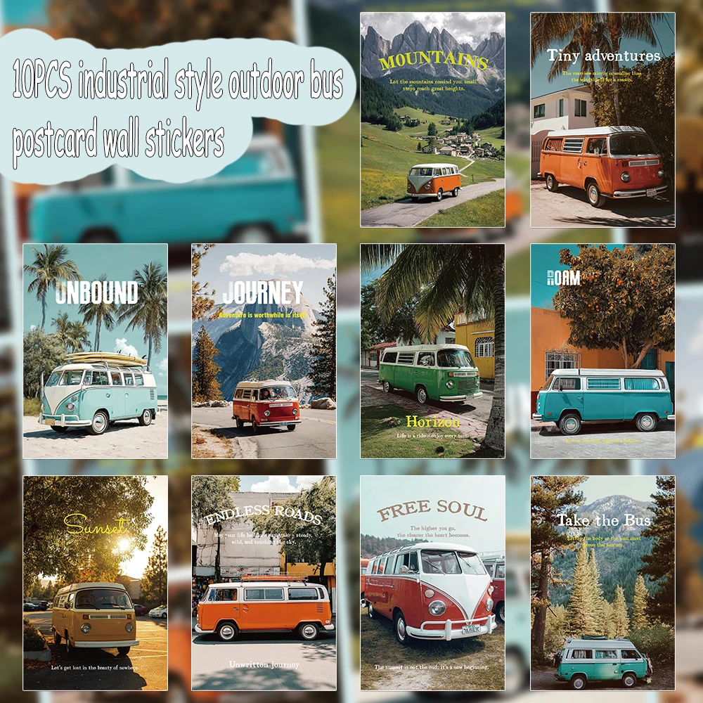 10Pcs Vintage Camper Van Postcards Retro Road Trip Bus Landscape Wall Art Prints Aesthetic Paper Poster For Teen Bedroom Dorm
