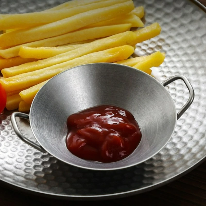 

Retro Double Ear Stainless Steel Seasoning Plate Korean Barbecue Dipping Saucer Hot Pot Flavor Dish Stackable Kitchen Tools New