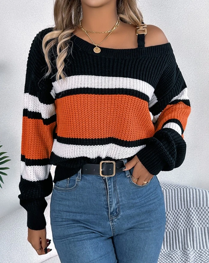 Women's Sexy Knitwear 2024 Autumn Winter Latest Colorblock Striped Cold Shoulder Buckled Knit Sweater Long Sleeve Pullover