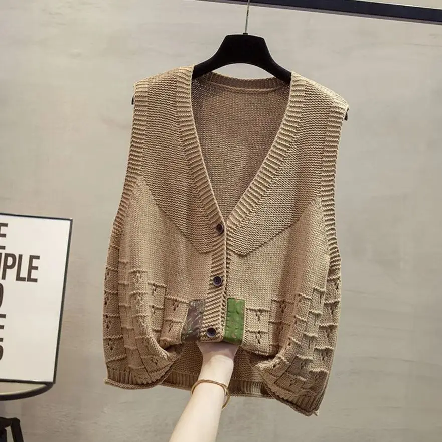 Elegant Vintage Openwork Patch Cardigan Vest Women's Loose Fit Cotton Line Sweater Shoulder