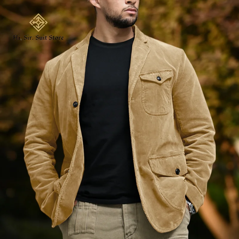

Men's Vintage Corduroy Notched Lapel Button Down Business Blazer Jacket Sport Coat Military Safari Style Retro Tweed Suits Party