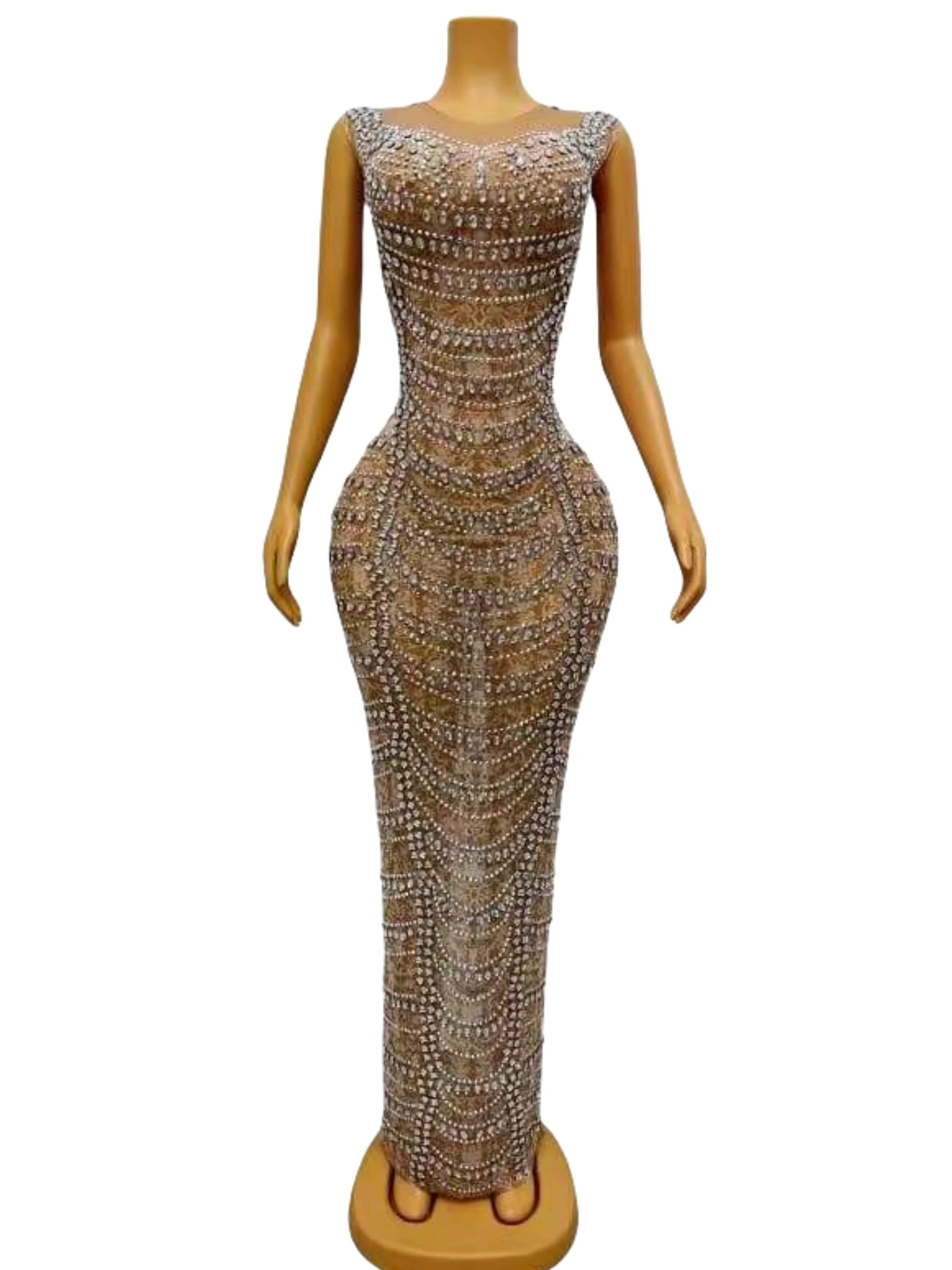 Kobiety bez rękawów seksowny Rhinestone świecący przezroczysty rozciągliwy urodziny królowa wieczorowy bal etap długa sukienka bogini stroje dla seniorów 2025