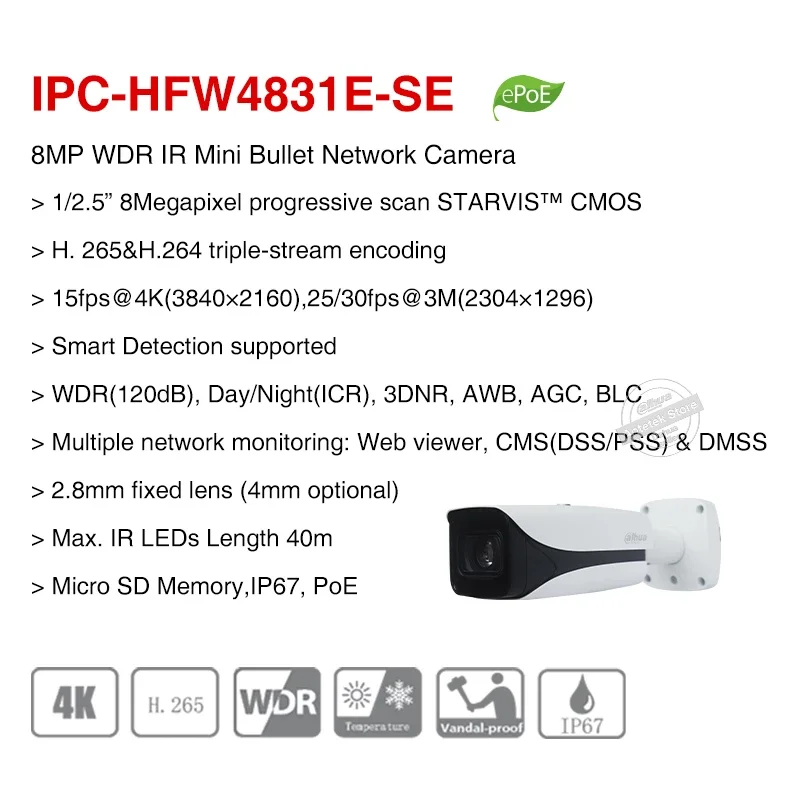 Dahua IPC-HFW4831E-SE 4K WDR 8MP H.265 IR 40M Mini Bullet Network PoE Security IP Camera IP67 Built in Mic SD Card Slot ePoE