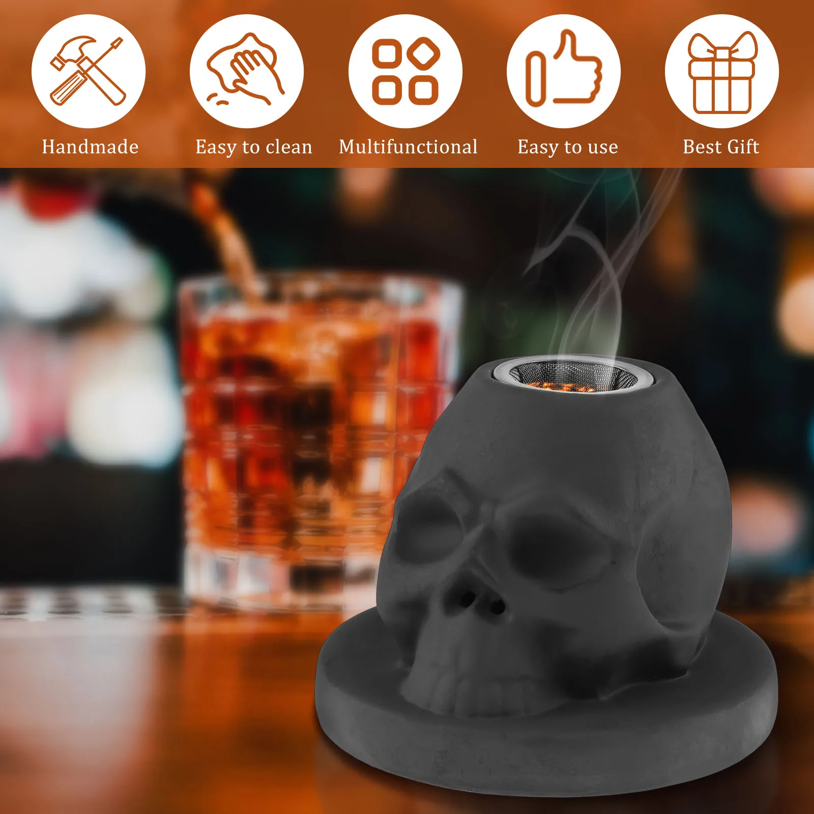 Cocktail Smoker Kit Ceramics Whiskey Smoker Kit Old Fashioned Smoker Kit with Skull-Shaped Smoke Infuser for Father Husband