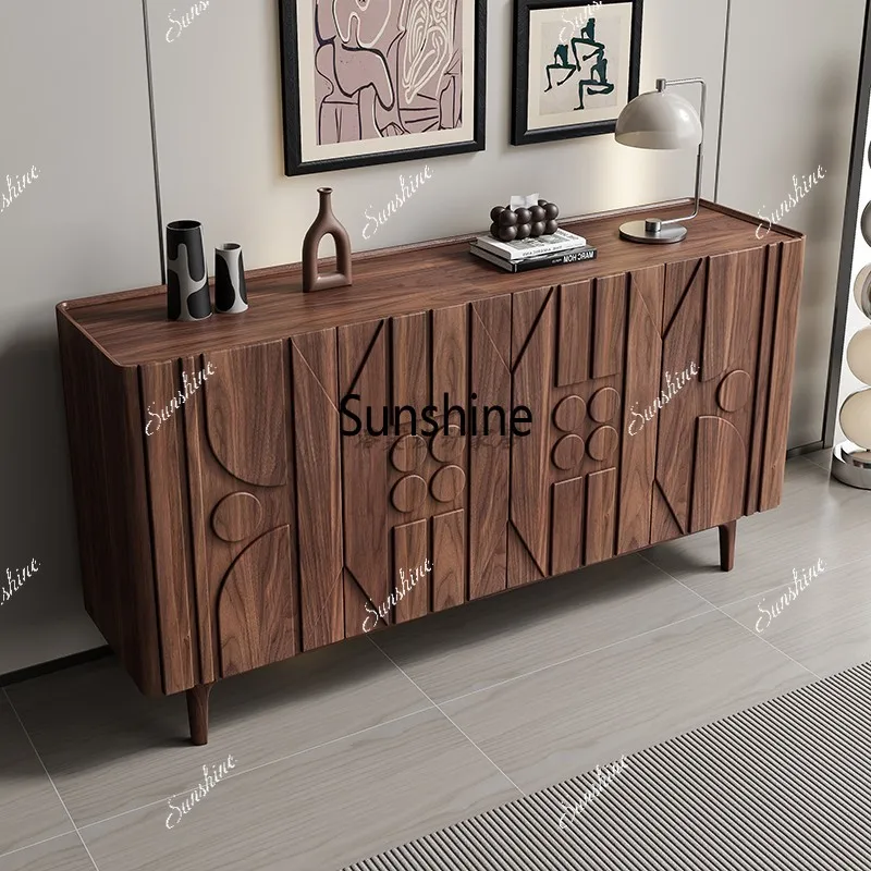 Medieval entrance cabinet carved dining side cabinet geometric living room storage solid wood against the wall