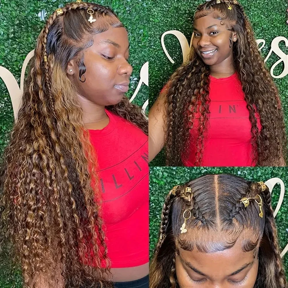 360 HD Transparent Lace Frontal Human Hair Wigs P4/27 Highlight Ombre Honey Blonde Deep Wave Wig 200% Density Glueless Full Lace Front Wig with Hidden Adjustable Strap for Women image 3