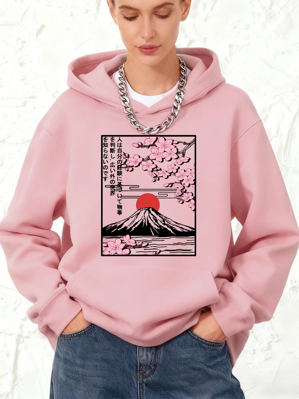 جبل فوجي أزهار الكرز يطبع سترات قطنية عالية الجودة النساء الركض جيب بلوزات رياضي فضفاض البلوز الشتاء الصوف الملابس