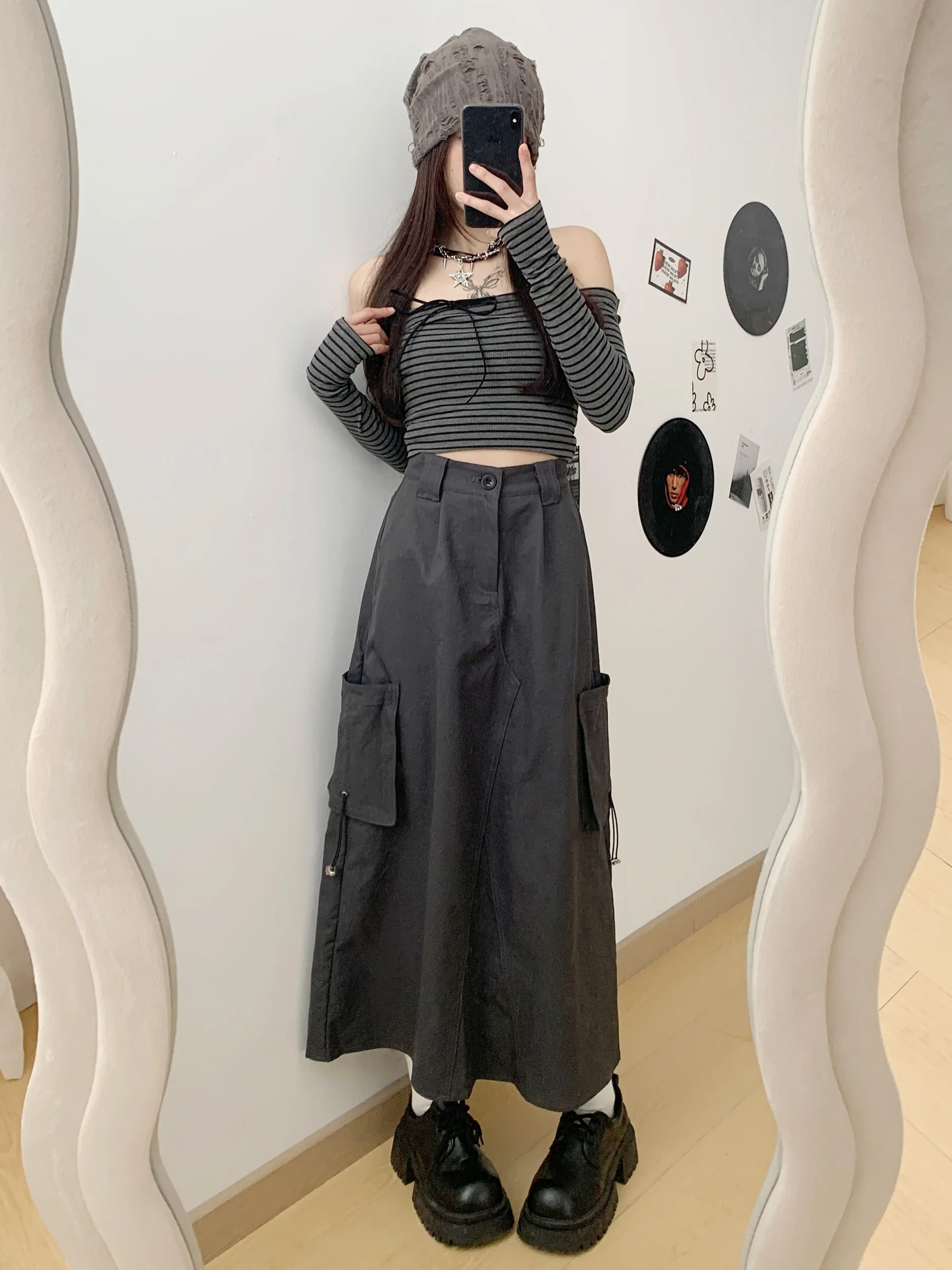 Gray American High Waist Workwear  Skirt Women's Spring New Design Sensation Casual A-Line Long Skirts