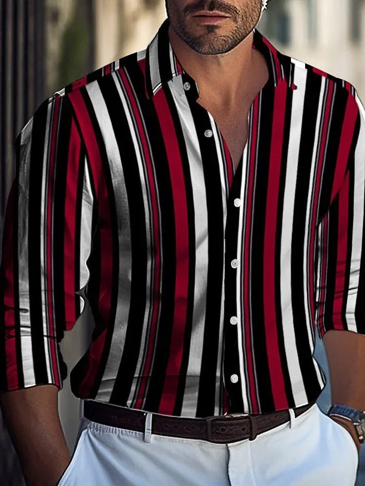 Nuova Camicia alla Moda a Righe con Colletto e Maniche Lunghe per Uomo