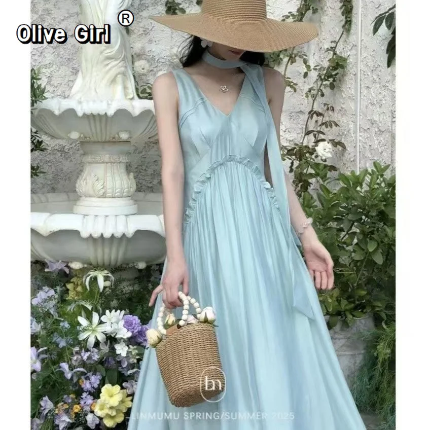 Olive Girl Blaues Kleid Damenmode Neckholder-Kleid Feenhaftes Schnittkleid Urlaubskleid Elegant Süß und Sexy Strandkleid