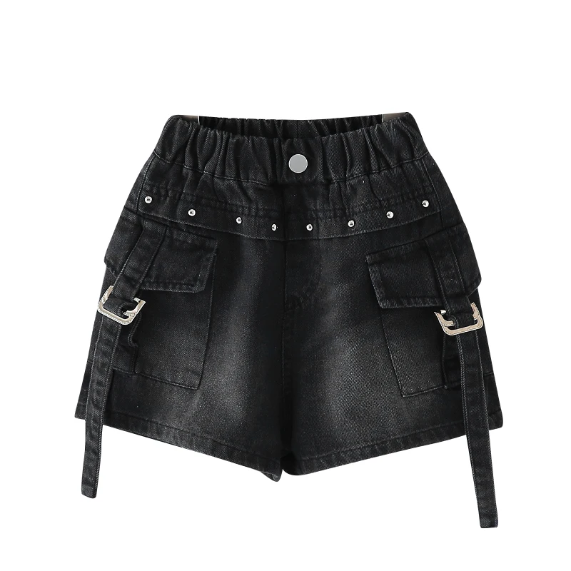 Children y2k Retro Black Denim Shorts For Girls Hip Hop Pocket Cargo Short Jeans Streetwear Kids Fashion Harajuku Mini Shorts