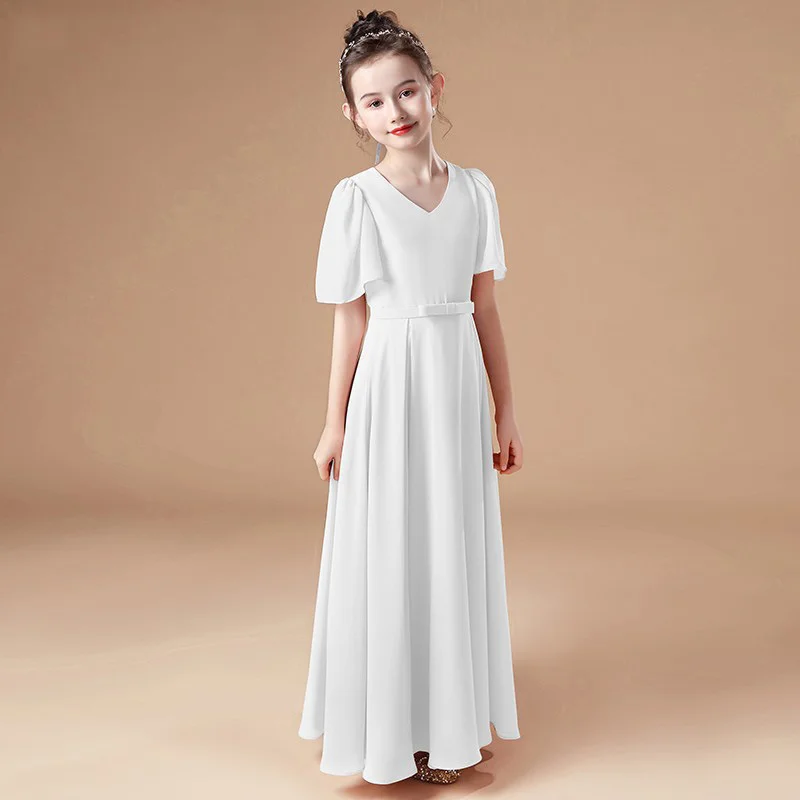 Girls' V-neck long dress, children's waist princess dress, piano performance dress, birthday host party flower girl dress