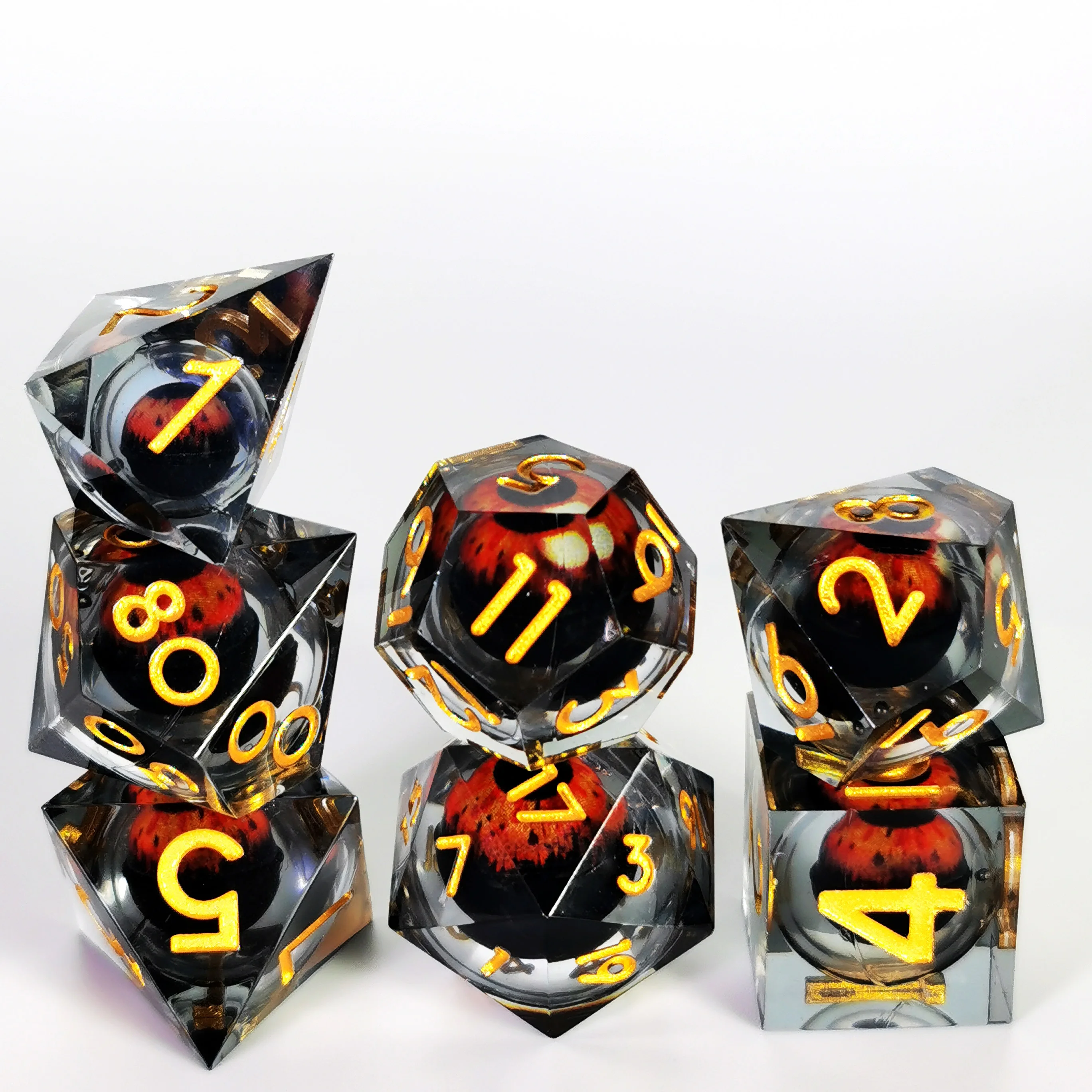 Set di dadi DnD con occhio di drago rotante - 7 dadi poliedrici in resina, numeri gialli trasparenti per giochi RPG D&D