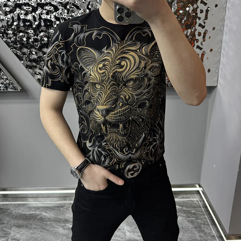 

Summer New Men's Trendy Fashion Round Neck Short Sleeved T-Shirt Personalized Print Hot Diamond Comfortable Elastic Half Sleeve