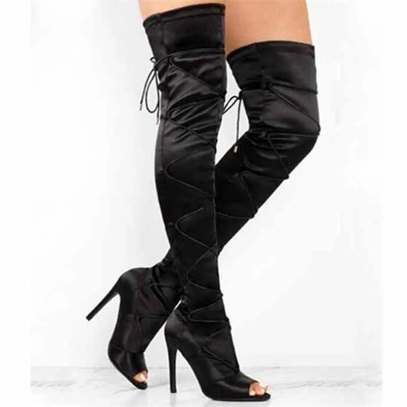 Fashion Woman Stretch Satin Slim Thigh Boots Crosstie Peep Toe Thin High Heel Woman Over The Knee Boots Street Outfit Shoes