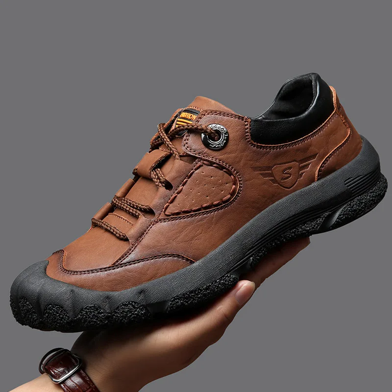 Outdoor Genuine Leather Waterproof Hiking Walking Shoes Men Retro Casual Soft Sneakers Male Non-slip Camping Trekking Trainers