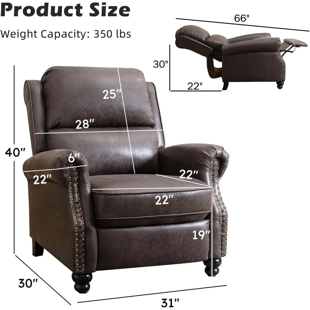 Push Back Recliner Chair aux Leather Lounge Armchair with Rivet Decoration Wingback Single Soa Chair with Padded Seat Solid Wood