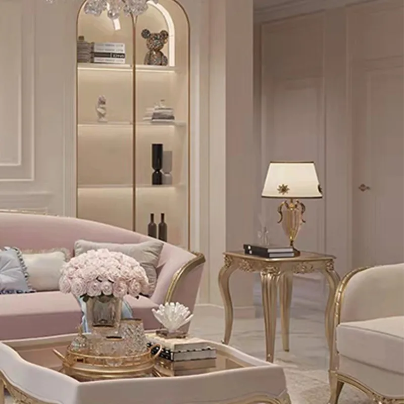 French light luxury cream color living room carved three-person fabric princess sofa, neoclassical solid wood court coffee table