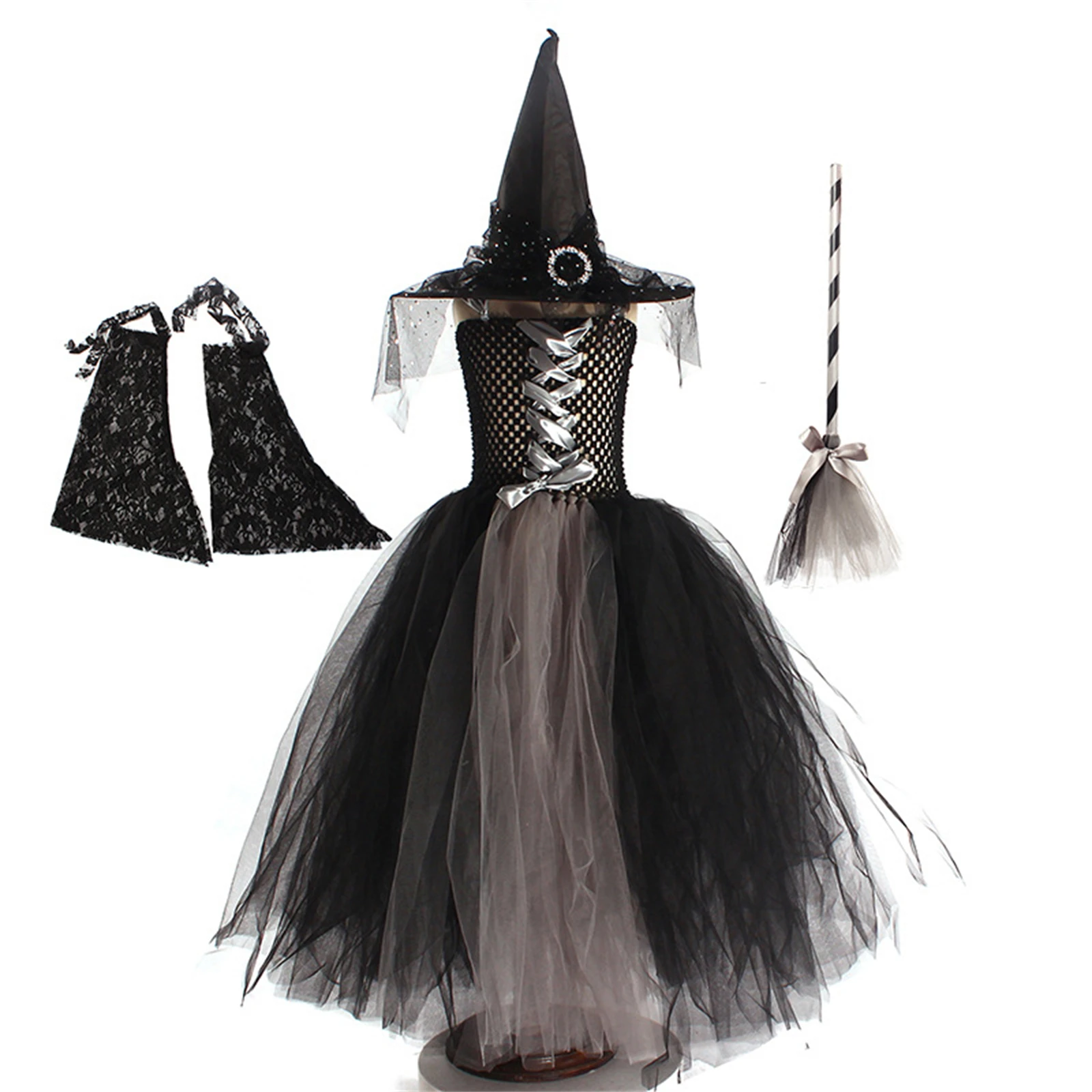 

Girl Witch Pumpkin Cosplay Costume Children Puff Dress Birthday Party Dress Princess Dress Halloween Uniform with Witch Hat