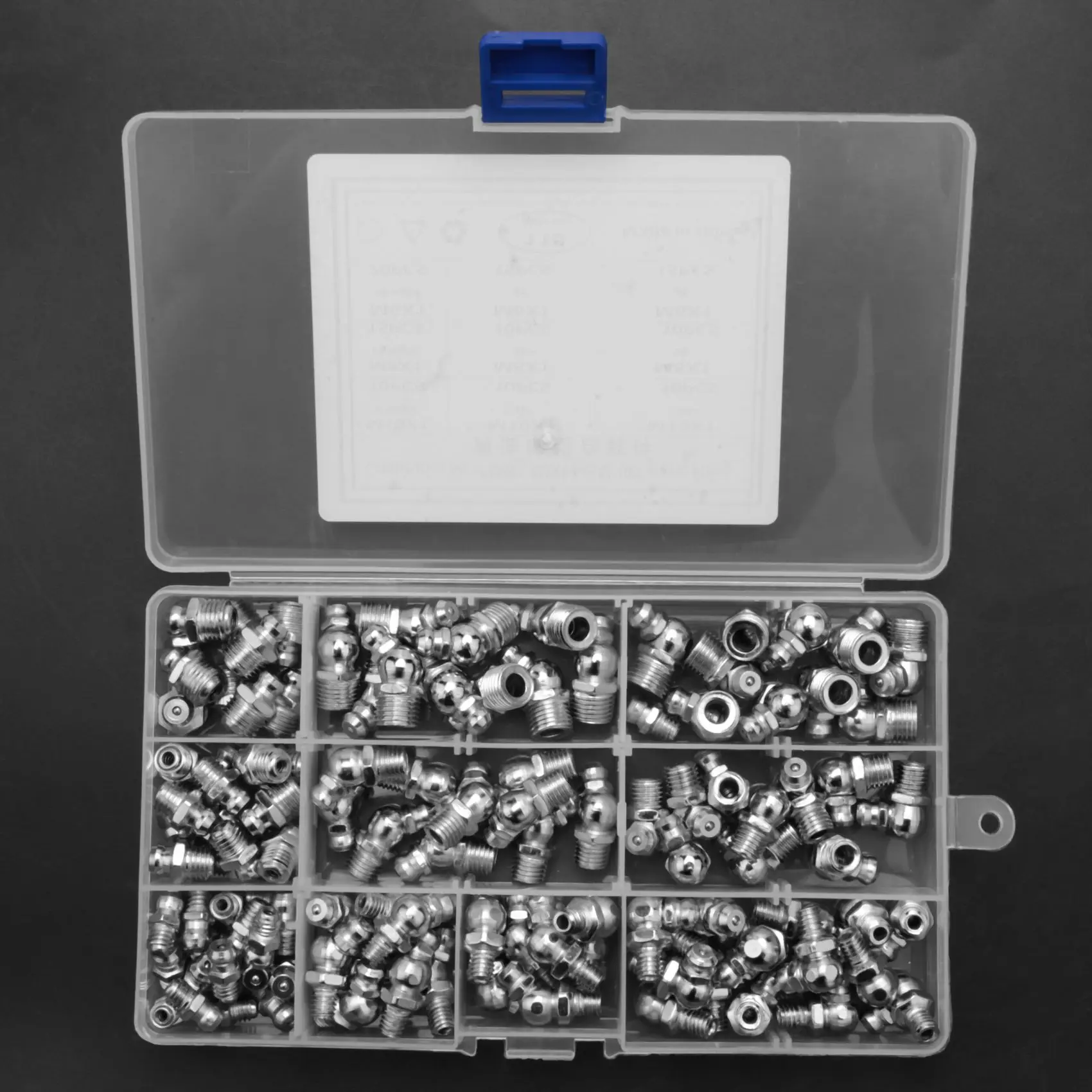 Kit assortimento di raccordi per ingrassatori Zerk in acciaio da 115 pezzi, dritto, 90 gradi, angolato a 45 gradi (M6,M8,M10)