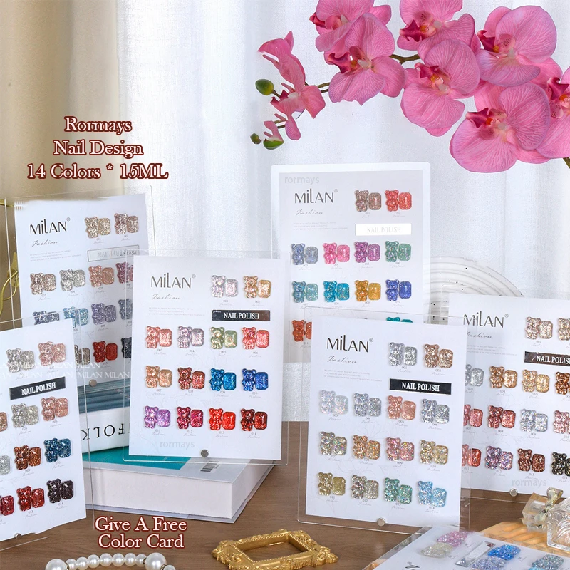 

Rormays popular sequins chip gel polishing 14PCS mixed semi permanent sequins UV LED color starry sky nail glue shining salon