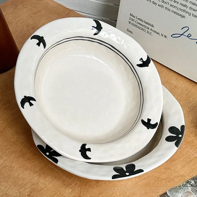 Hand-painted Ceramic Dinner Plate,Vintage Porcelain Salad Tableware,Household Fruit Breakfast Dessert Dish,Microwave Oven Safe
