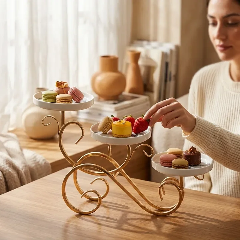Gold Three Tier Dessert Stand Metal Cake Display Rack for Afternoon Tea Party Snack Fruit Plate Holder Elegant Table