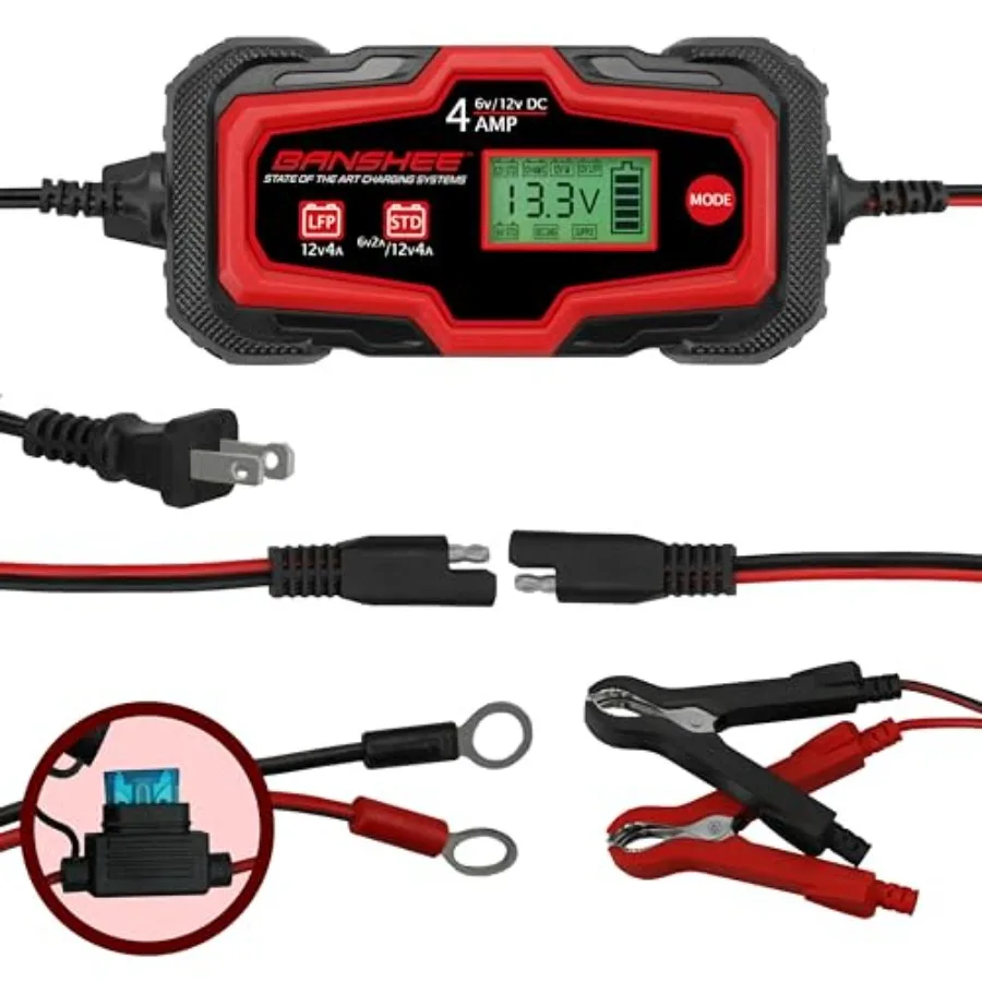 

4A Direct-Mount Onboard Car Battery Charger for Marine/ATV/Truck: 6V/12V Lead Acid LiFePO4, Black, Compact Mountable Design wit