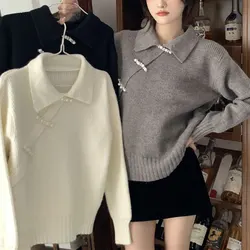 Maglioni Vintage con perline alla moda autunno inverno allentato Polo-collo abbigliamento donna Casual tinta unita manica lunga maglioni lavorati a maglia