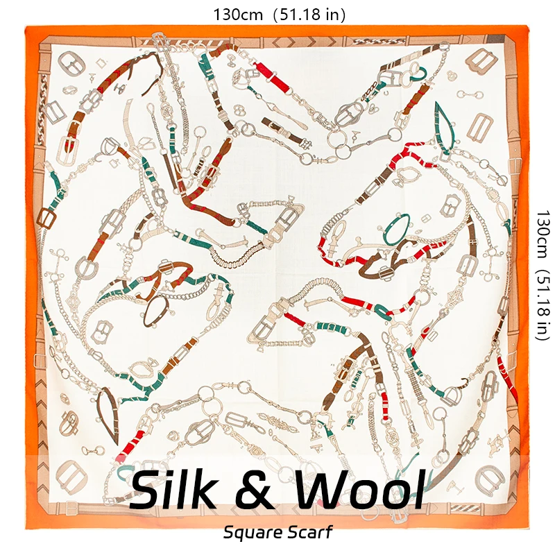 Autumn and Winter Warm Scarf 30% Pure Natural Silk+70% Wool 130x130CM Double-sided digital printing Shawl Square Scarf