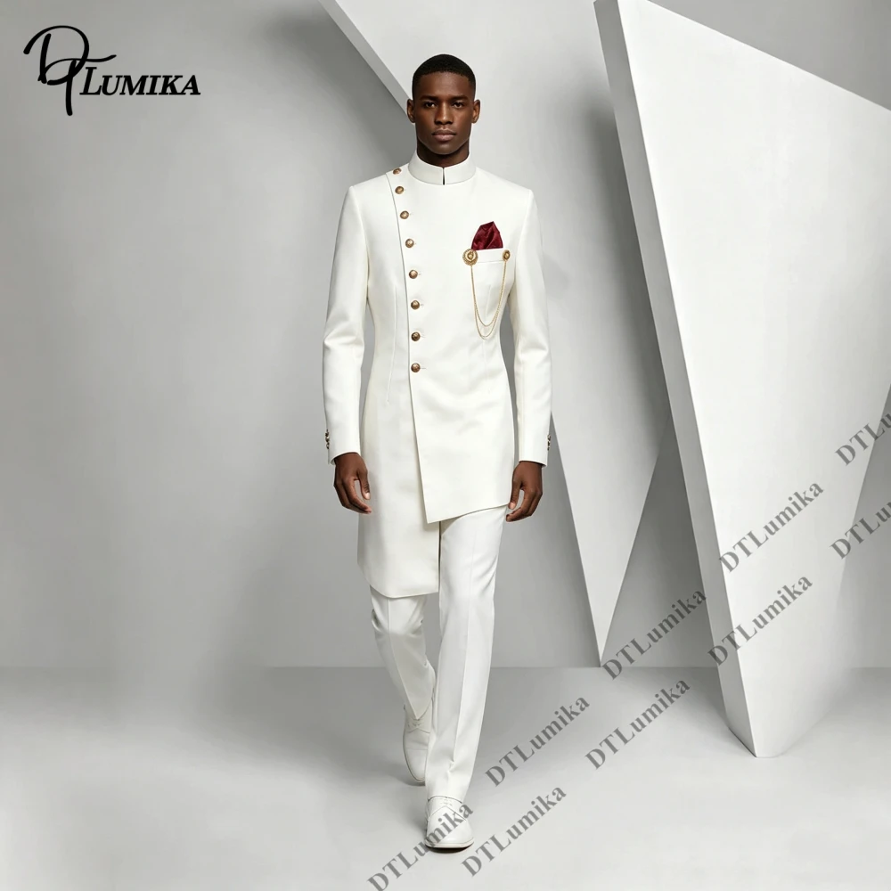 DTLumika Stand Collar Long Tailored Men Suit 2 Piece Slant Gold Button Blazer Pants Slim Fit Custom Luxury Wedding Groom Tuxedo