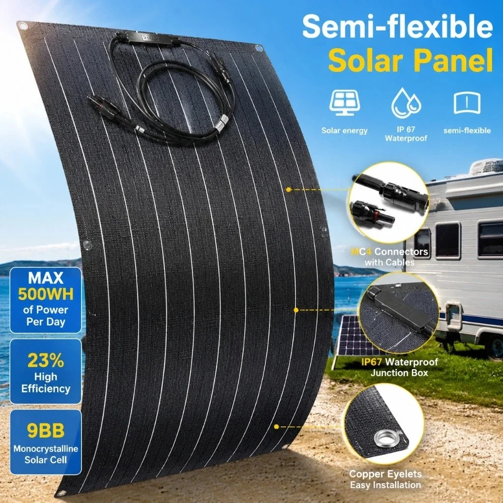 1500W Semi-Flexible Monocrystalline Solar Panel IP67 Waterproof Bendable PV Solar Module With MC4 Connector For RV Boat Camper O