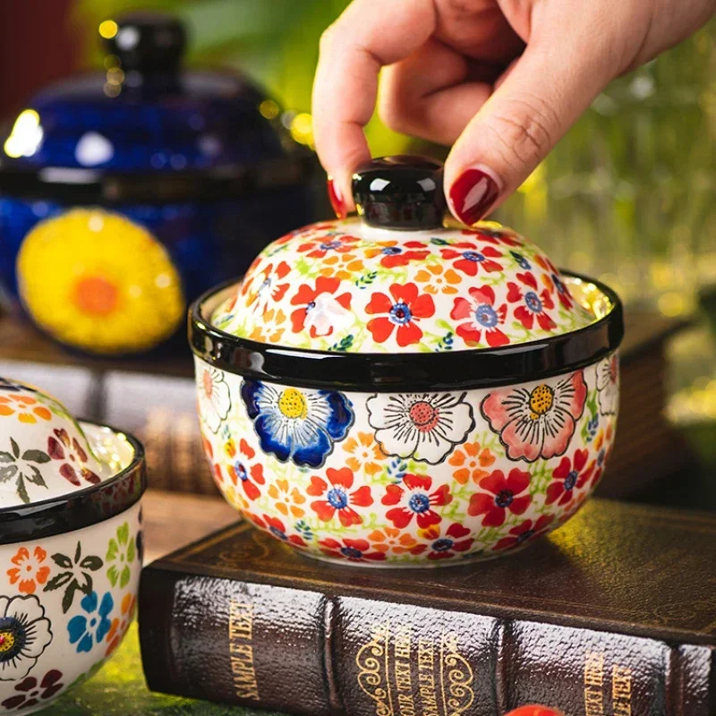 

Hand-painted ceramic small stew pot Household steamed egg bowl with cover dessert bowl