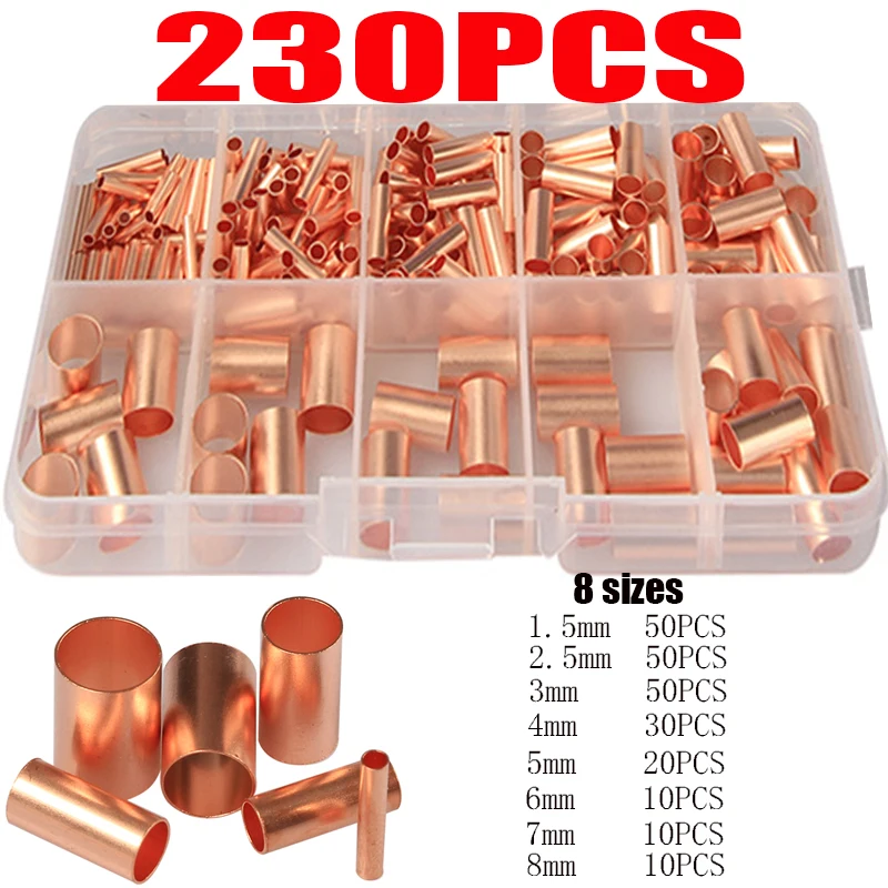 230 Uds 1,5/2,5/3/4/5/6/7/8 mm2 junta de cable de tubo de conexión de cobre prensado en frío junta de tubo de cobre pequeño conectores de cable directo