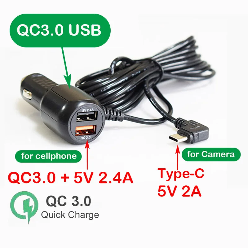 Dashcam auto DVR autorecorder telefoonlader 5V 3.5A / 3A / QC3.0 auto USB-lader met Type-C USB-oplaadpoort, kabellengte 3,5 meter