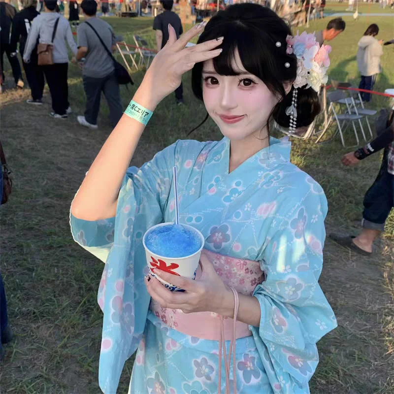 Summer New Cherry Blossom Kimono Robe Photography Costume Youth Daily Wear Floral Print Bathrobe Girl's Traditional Japanese ...