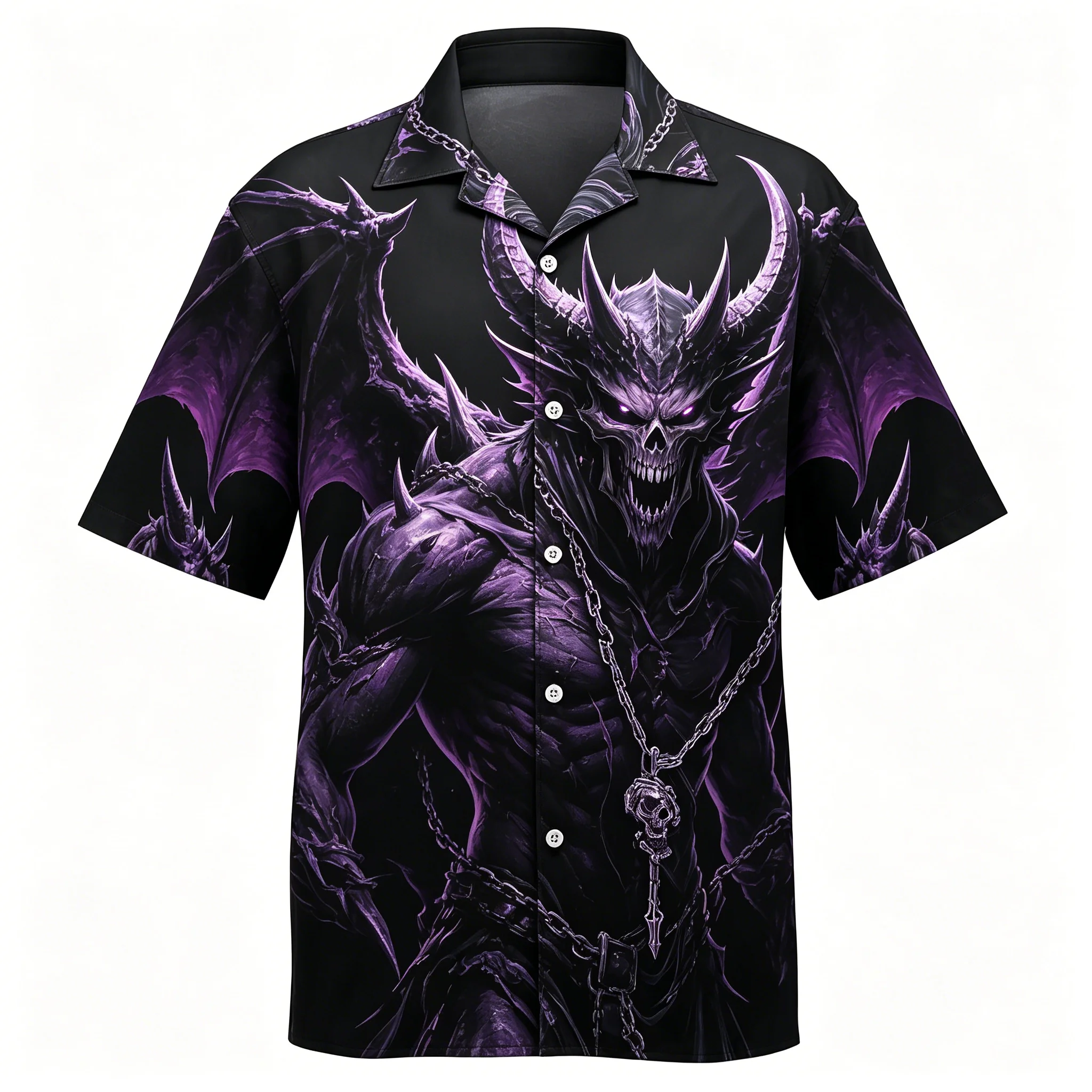 Men's Purple Demon Skull Print Short Sleeve Shirt Gothic Fantasy Graphic Casual Cuban Collar Top for Spring & Summer