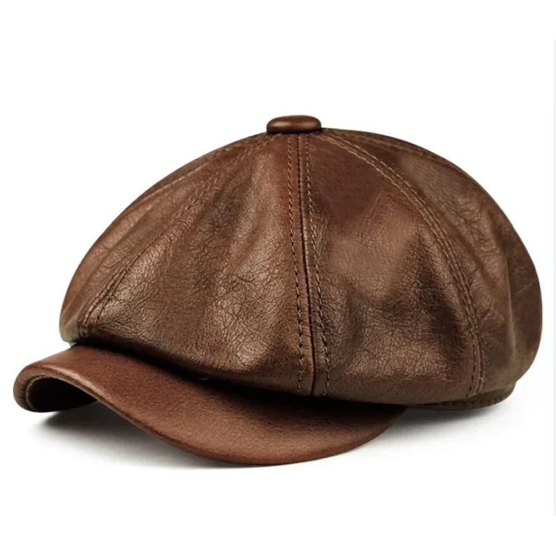 Retro Brown Hats Men Spring/Winter 100% Real Leather Warm Cap Male Beret Painter Boina Cowhide Octagonal Casquette High Quality