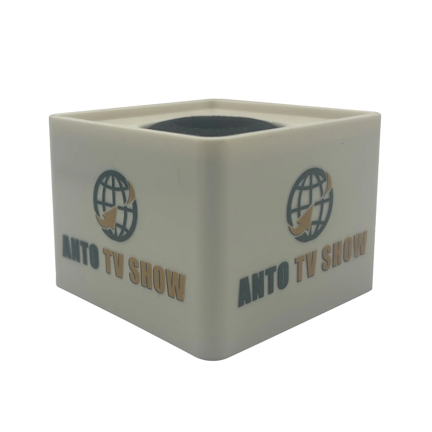 High Quanlity Customized UV Logo  ABS Triangle-shaped Square-Shaped Mic Microphone TV Interview Flag Station DIY With Sponge