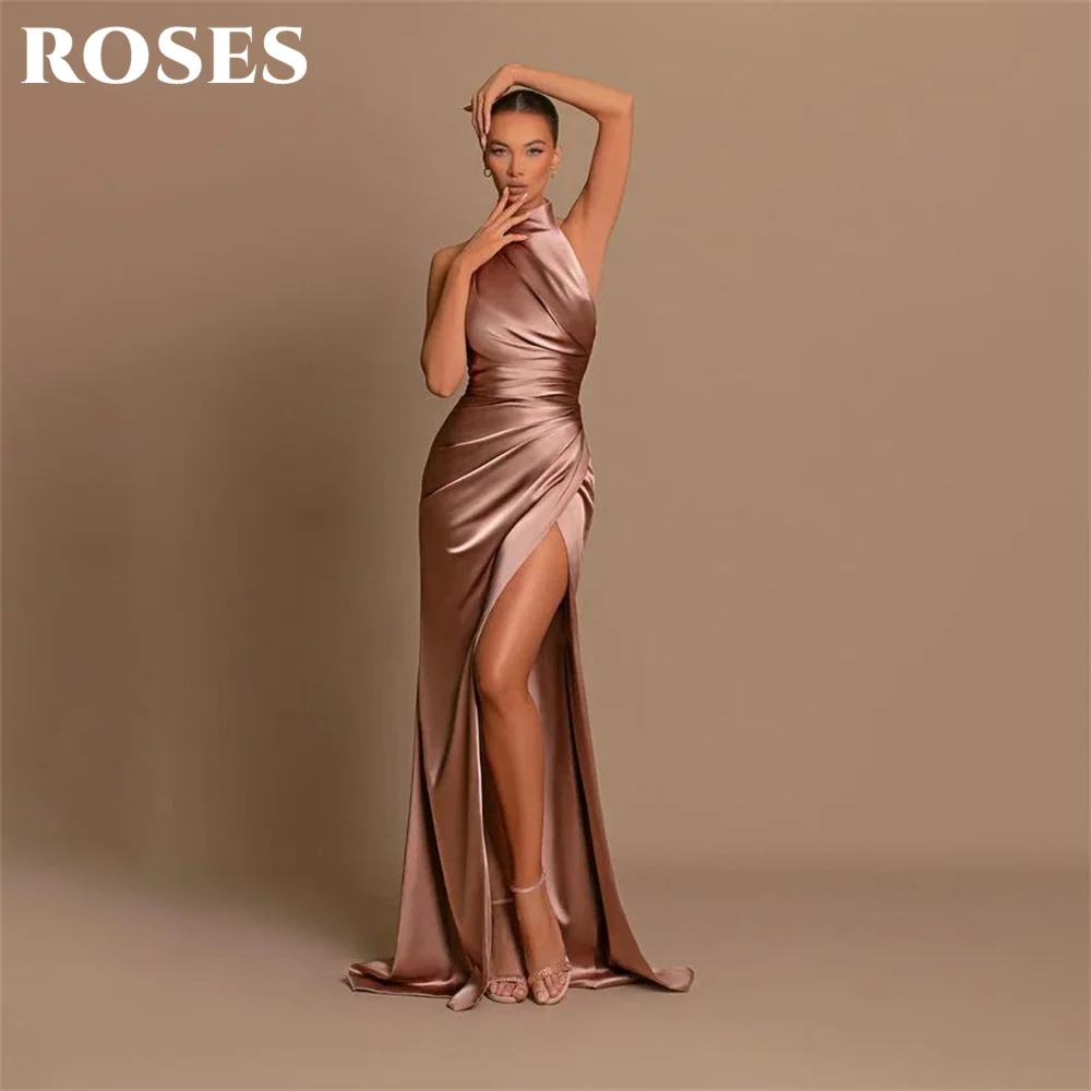 ROSES-vestido sem mangas gola alta para ocasiões especiais, Elegante Wedding Party Dress, Sexy Side Slit, Vestidos celebridades