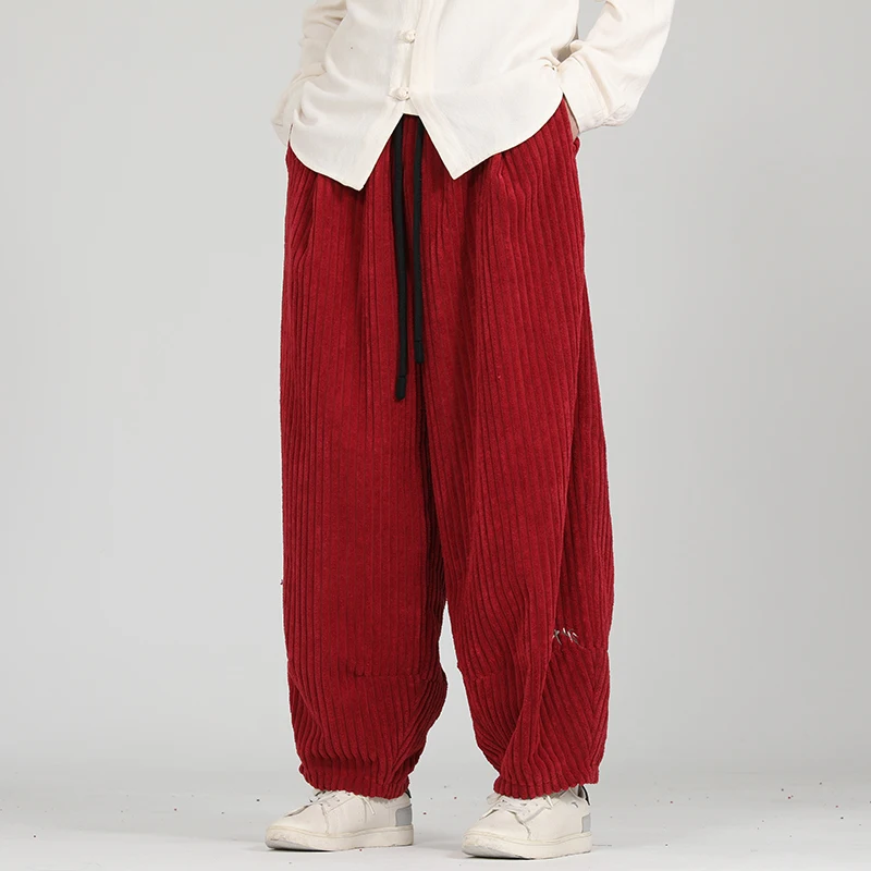 Corduroy Pants Man Baggy Embroidery Chinese Style Autumn and Winter Trousers Men